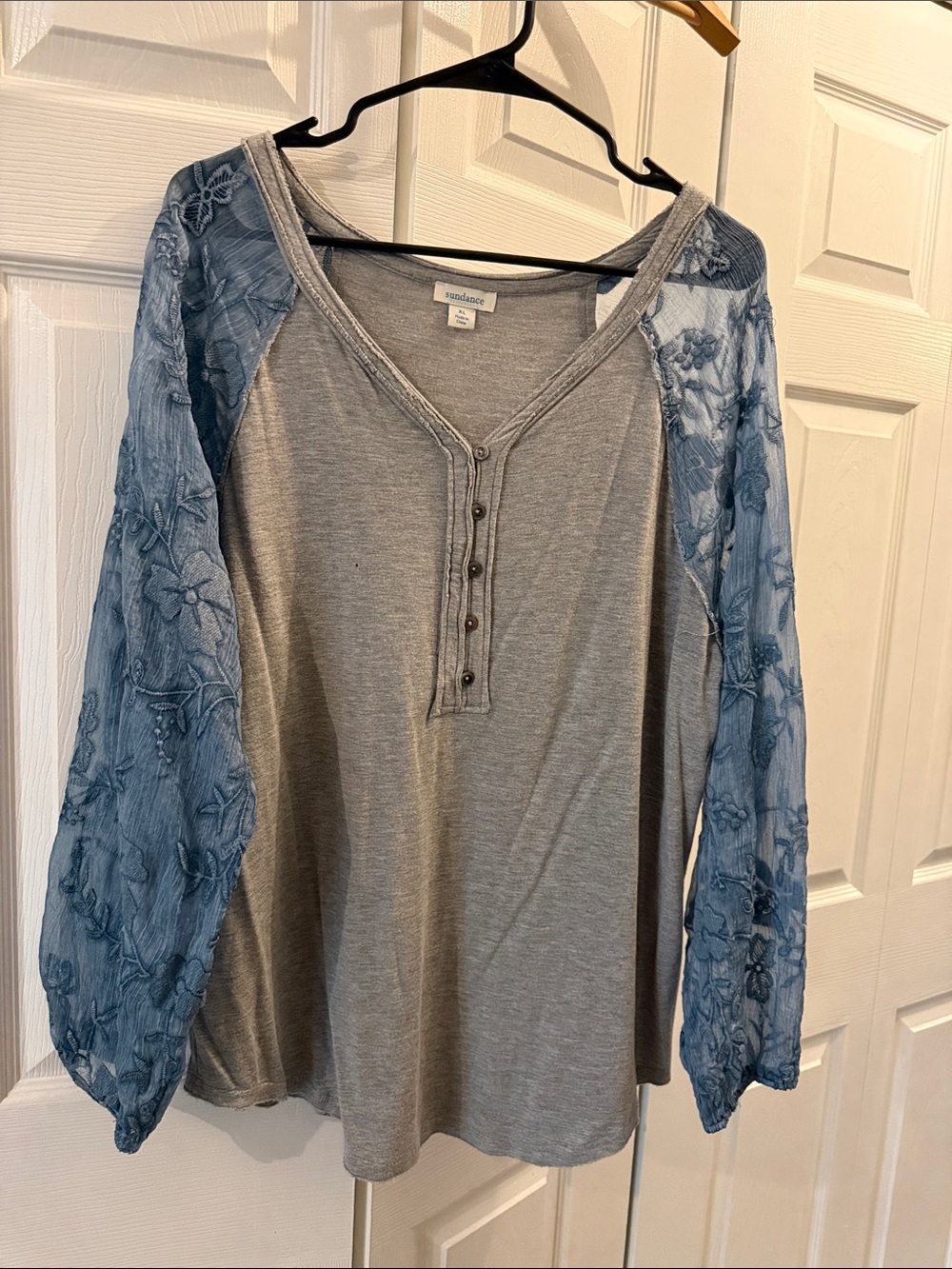 Sundance Gray Henley with Blue Floral Lace Raglan Sleeves